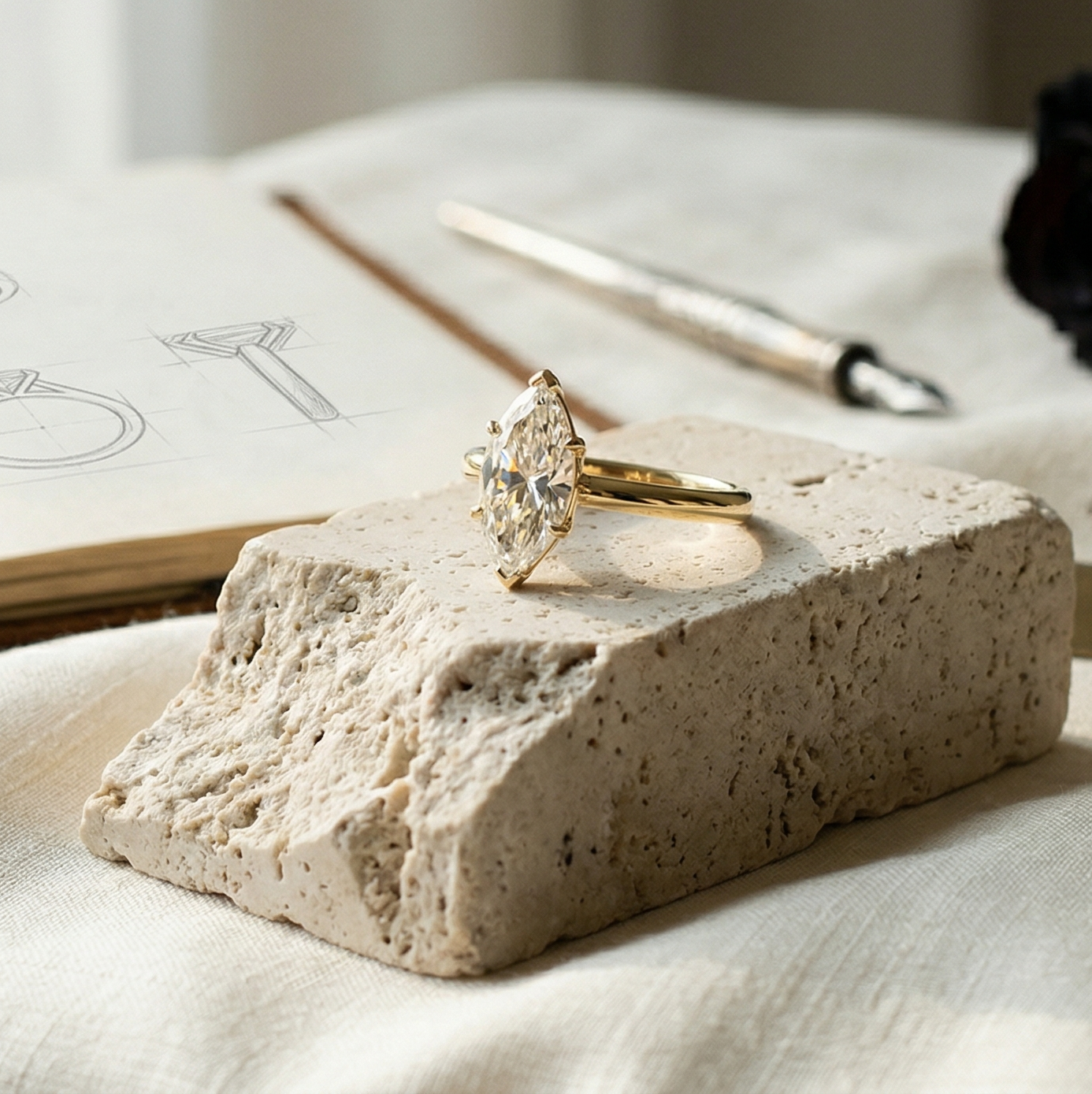 A bespoke Matanee engagement ring, featuring a 3-carat GIA-certified marquise-cut diamond on a minimalist 18k yellow gold band, resting on a sculptural travertine stone.
