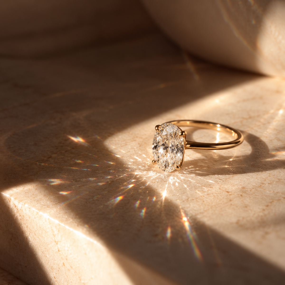 Four-prong oval diamond engagement ring in yellow gold illuminated by warm directional light, with soft shadows and rainbow reflections across a neutral stone surface.