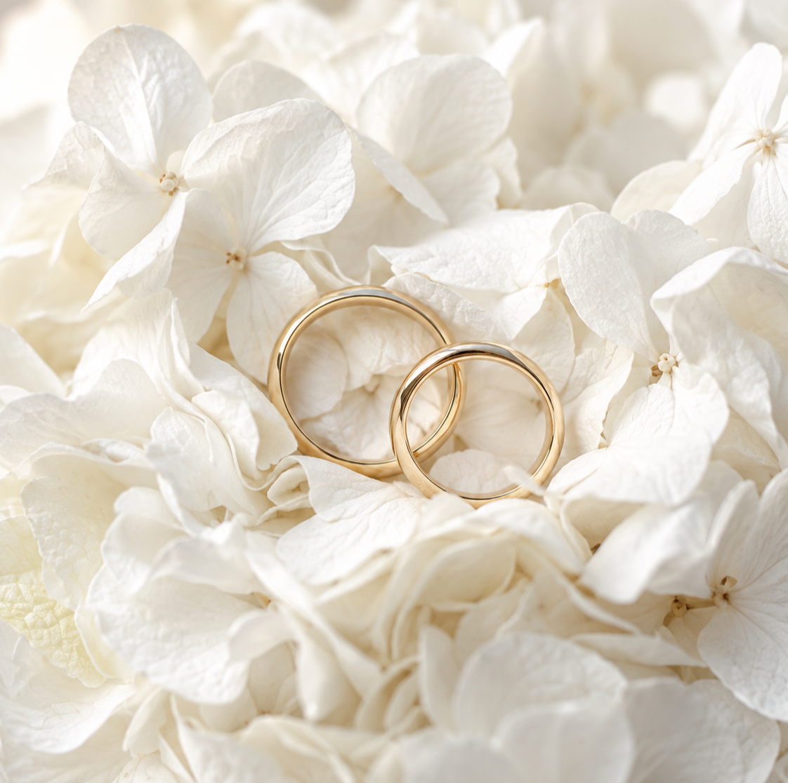 Two polished gold wedding bands intertwined among soft white hydrangea petals, symbolizing marriage, continuity, and enduring love.