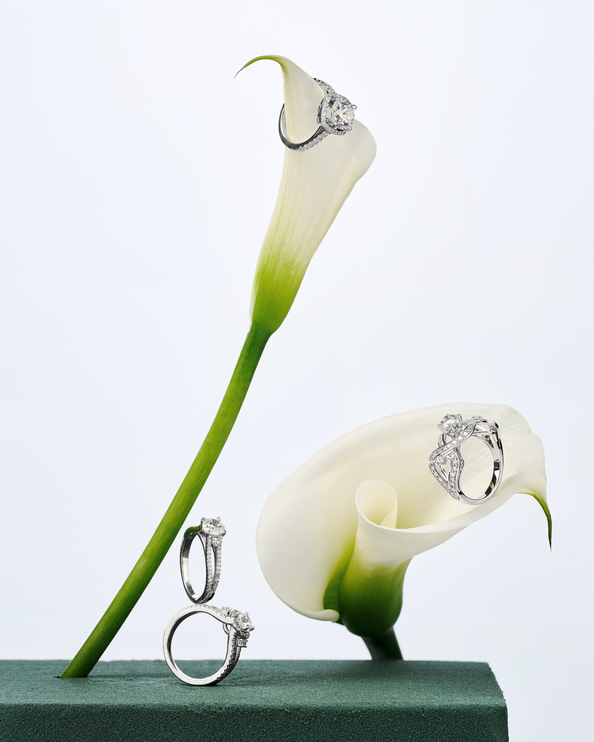 Diamond engagement rings displayed on white calla lilies.