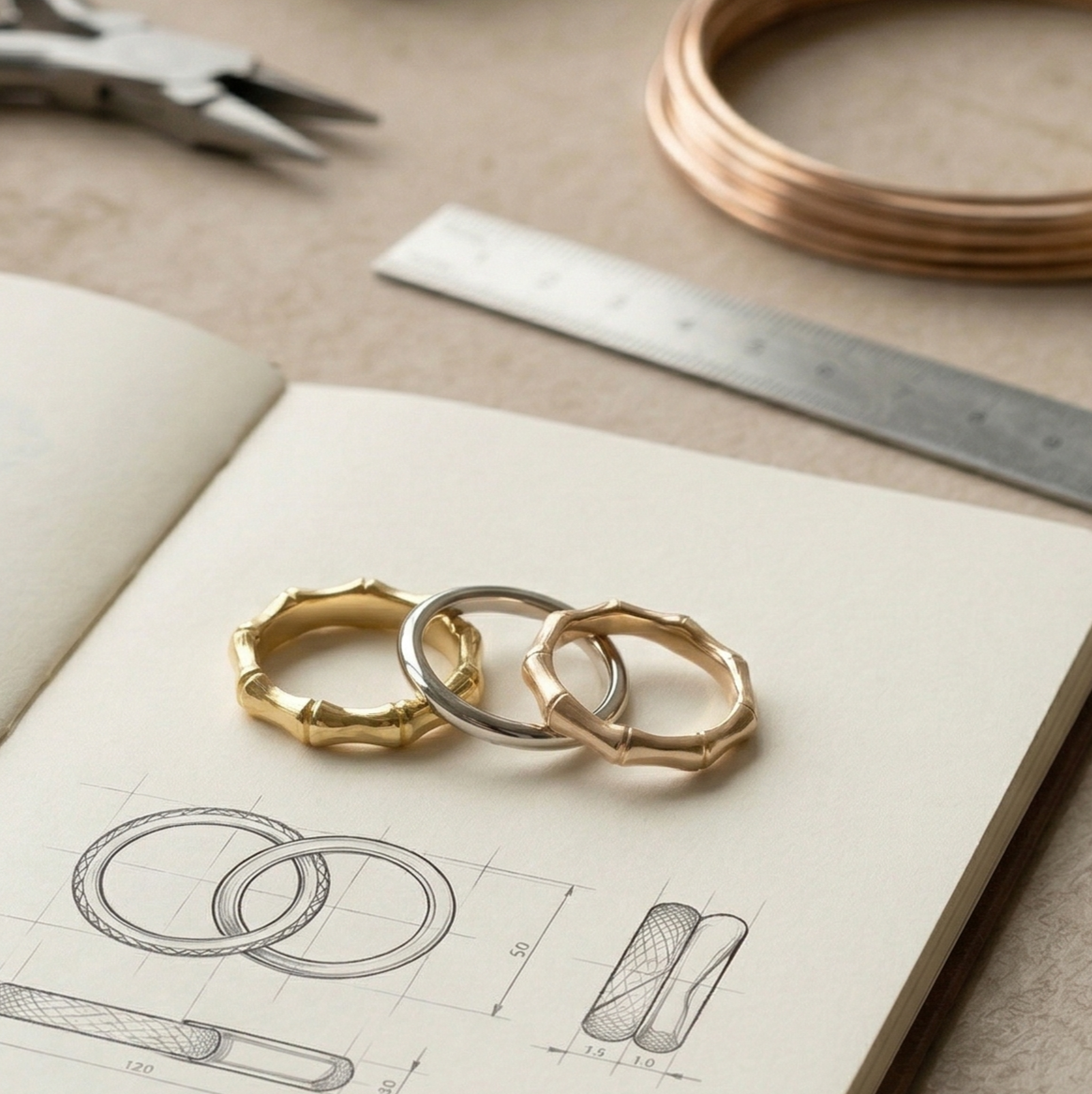 A minimalist, high-angle lifestyle shot of a jeweler’s workspace. Resting on the pages are three wedding bands: a bold, gold bamboo-textured ring, a polished silver band, and a matching rose gold bamboo-textured ring.