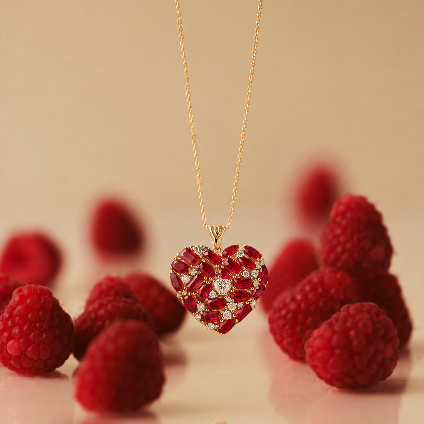 Ruby heart pendant necklace with diamonds, styled among fresh raspberries on a soft beige background.