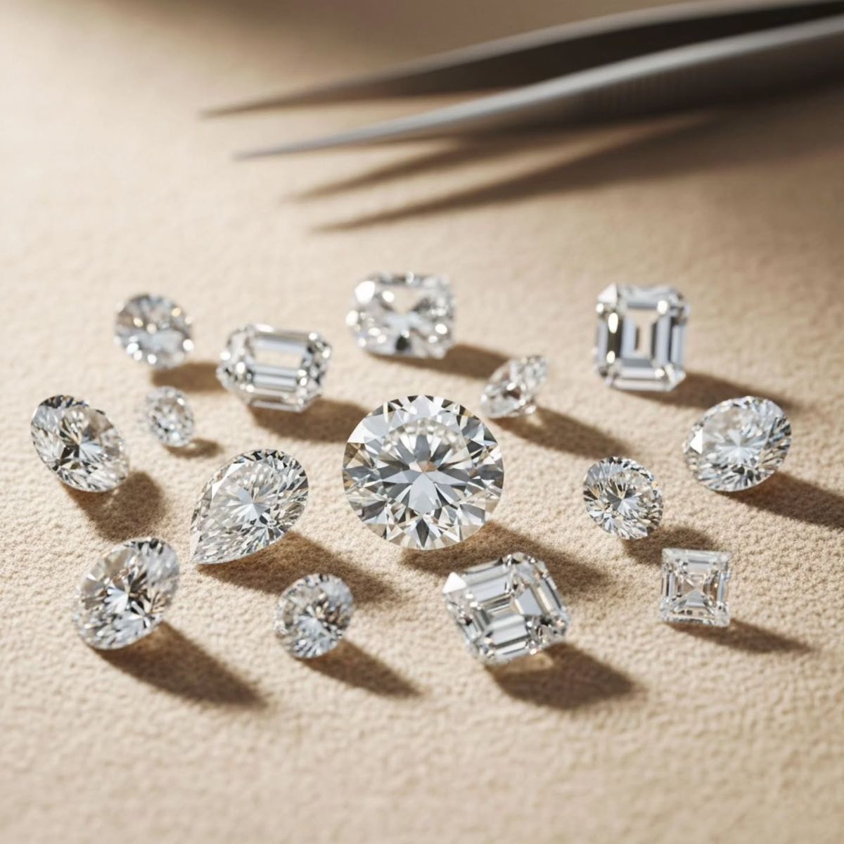 A collection of loose, high-quality diamonds in various cuts—including round brilliant, emerald, pear, and oval—is artfully arranged on a soft, sand-textured beige surface.
