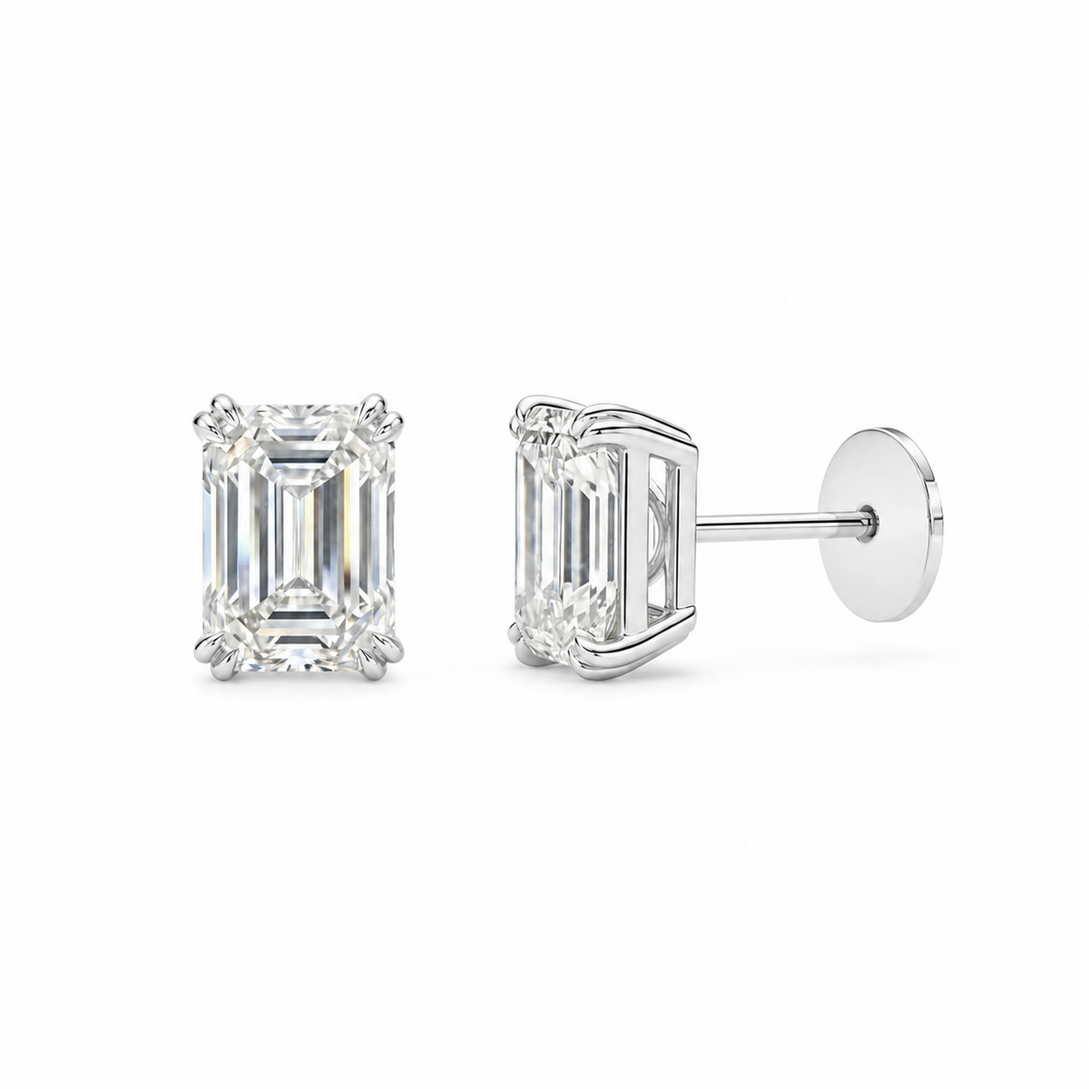 Emerald-cut diamond stud earrings showing their setting, post and back.
